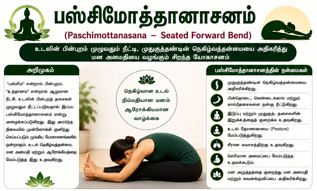 பஸ்சிமோத்தானாசனம் – உடலின் பின்புறத் தசைகளை நீட்டி மன அமைதியை வழங்கும் சிறந்த யோகாசனம்