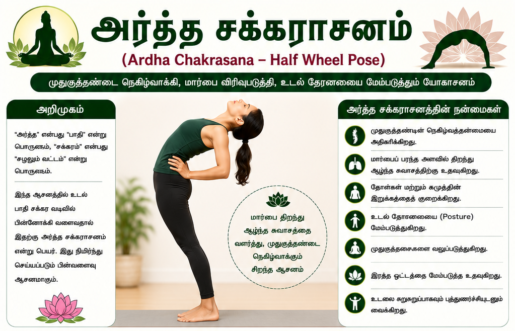அர்த்த சக்கராசனம் – முதுகுத்தண்டின் நெகிழ்வுத்தன்மையையும் மார்பு விரிவையும் மேம்படுத்தும் சிறந்த யோகாசனம்
