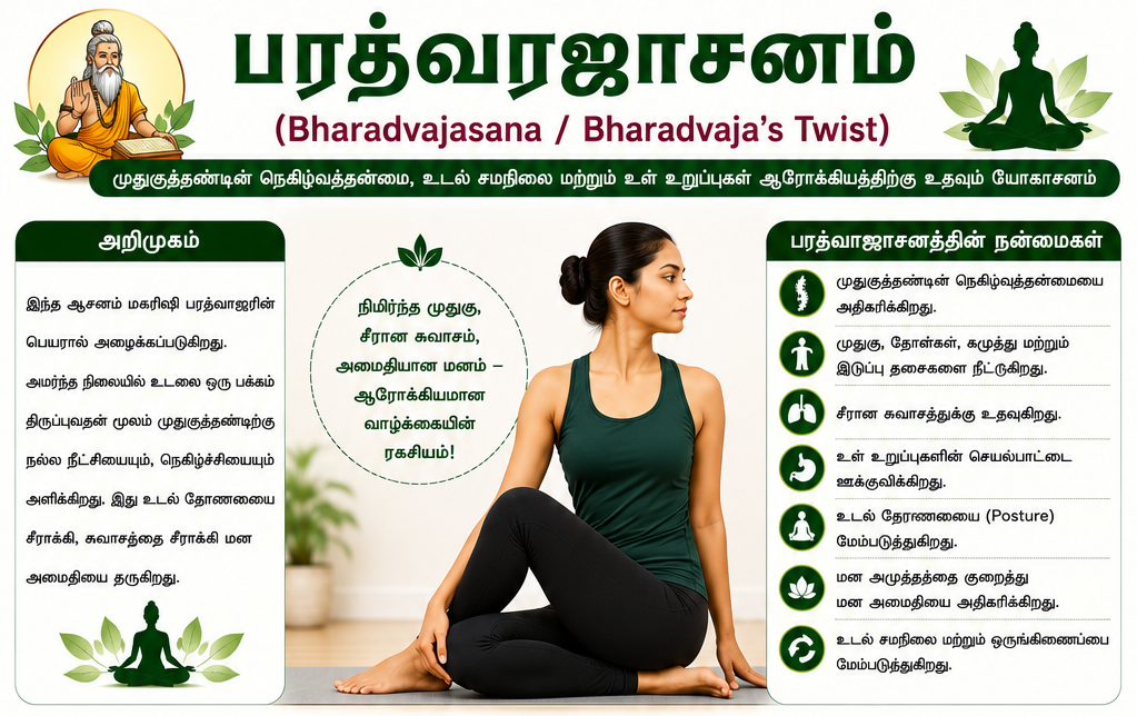 பரத்வாஜாசனம் – முதுகுத்தண்டின் நெகிழ்வுத்தன்மையையும் உடல் சமநிலையையும் மேம்படுத்தும் சிறந்த யோகாசனம்