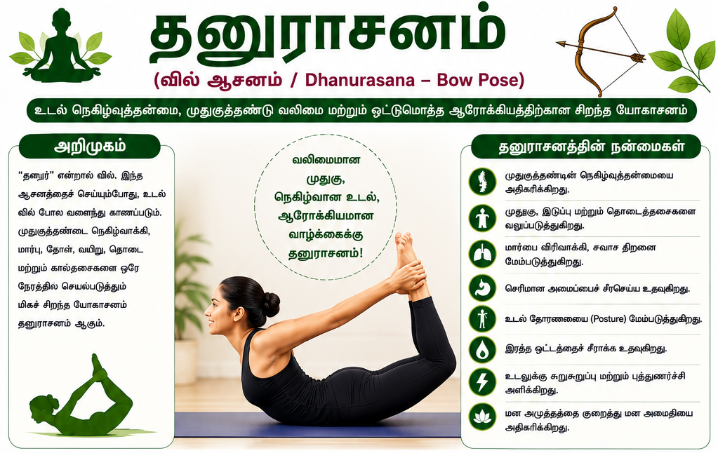 தனுராசனம் – உடல் நெகிழ்வுத்தன்மையையும் முதுகுத்தண்டின் வலிமையையும் மேம்படுத்தும் சிறந்த யோகாசனம்