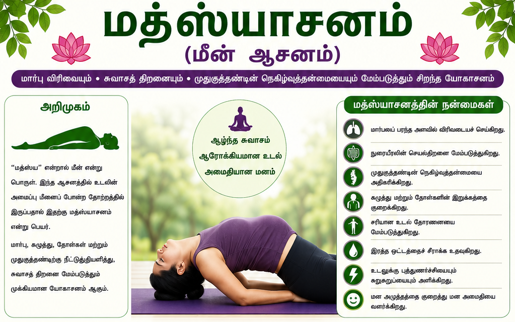 மத்ஸ்யாசனம் – மார்பு விரிவையும் முதுகுத்தண்டின் நெகிழ்வுத்தன்மையையும் மேம்படுத்தும் சிறந்த யோகாசனம்