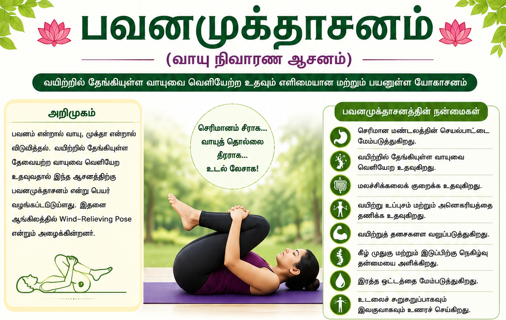 பவனமுக்தாசனம் – செரிமான ஆரோக்கியத்தை மேம்படுத்தும் சிறந்த யோகாசனம்