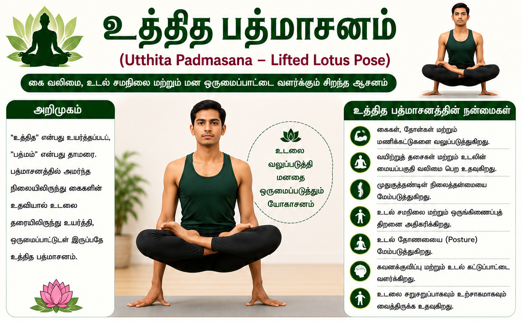 உத்தித பத்மாசனம் – கை வலிமை, உடல் சமநிலை மற்றும் மன ஒருமைப்பாட்டை வளர்க்கும் சிறந்த யோகாசனம்