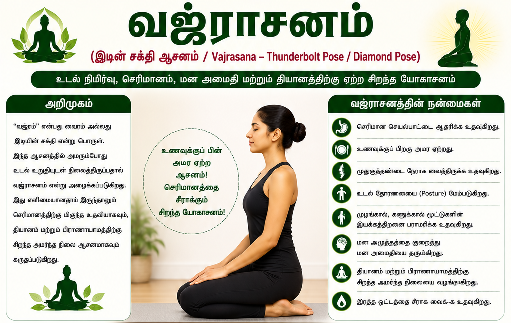 வஜ்ராசனம் – செரிமானத்தையும் மன அமைதியையும் மேம்படுத்தும் சிறந்த யோகாசனம்