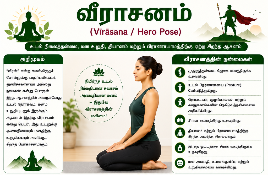வீராசனம் – உடல் நிலைத்தன்மை, மன உறுதி மற்றும் தியானத்திற்கு ஏற்ற சிறந்த யோகாசனம்